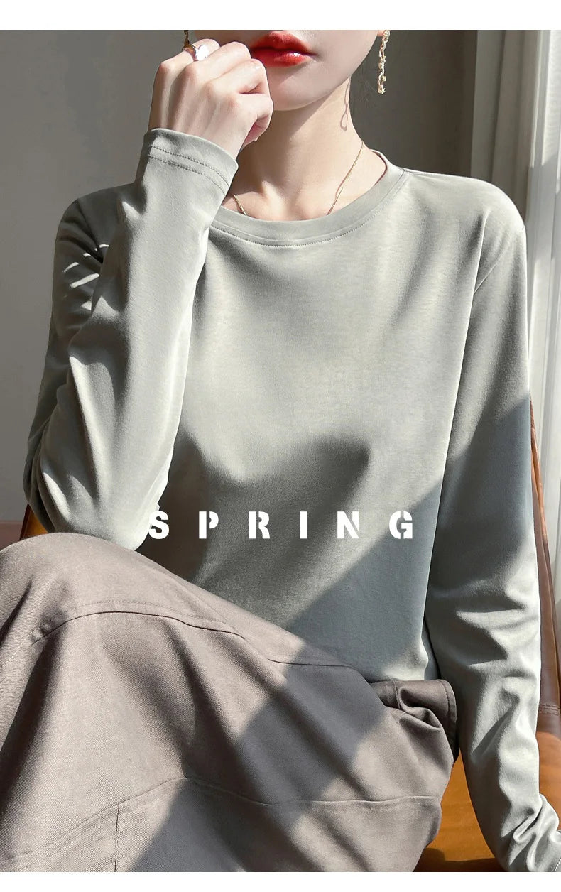 Spring And Summer New Mercerized Cotton Long Sleeve T-shirt Women's Round Neck Loose 100% Cotton Bottoming T-shirt