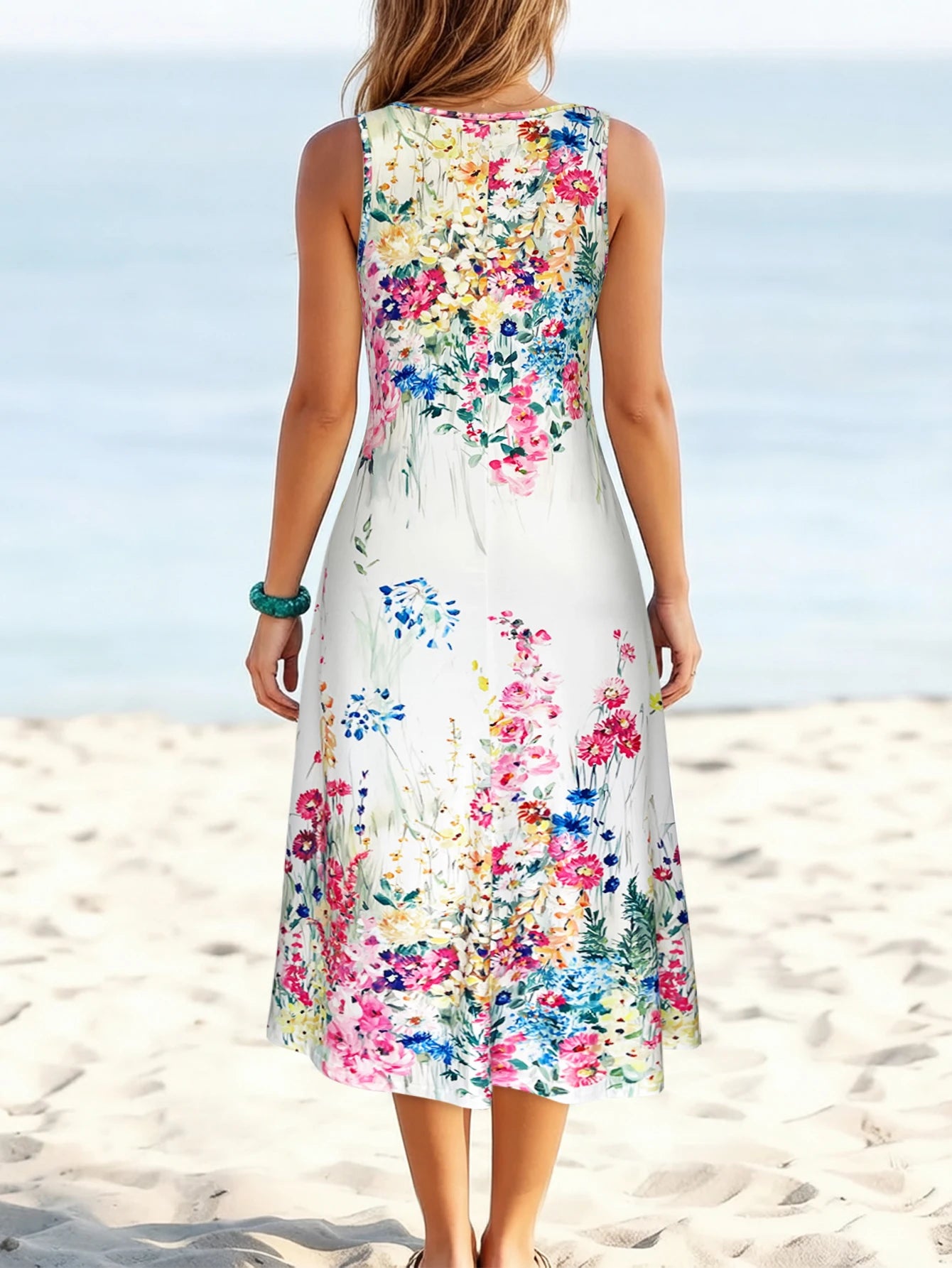 Women's Watercolor Print Sleeveless Midi Dress – Round-Neck Loose A-Line Summer Sundress