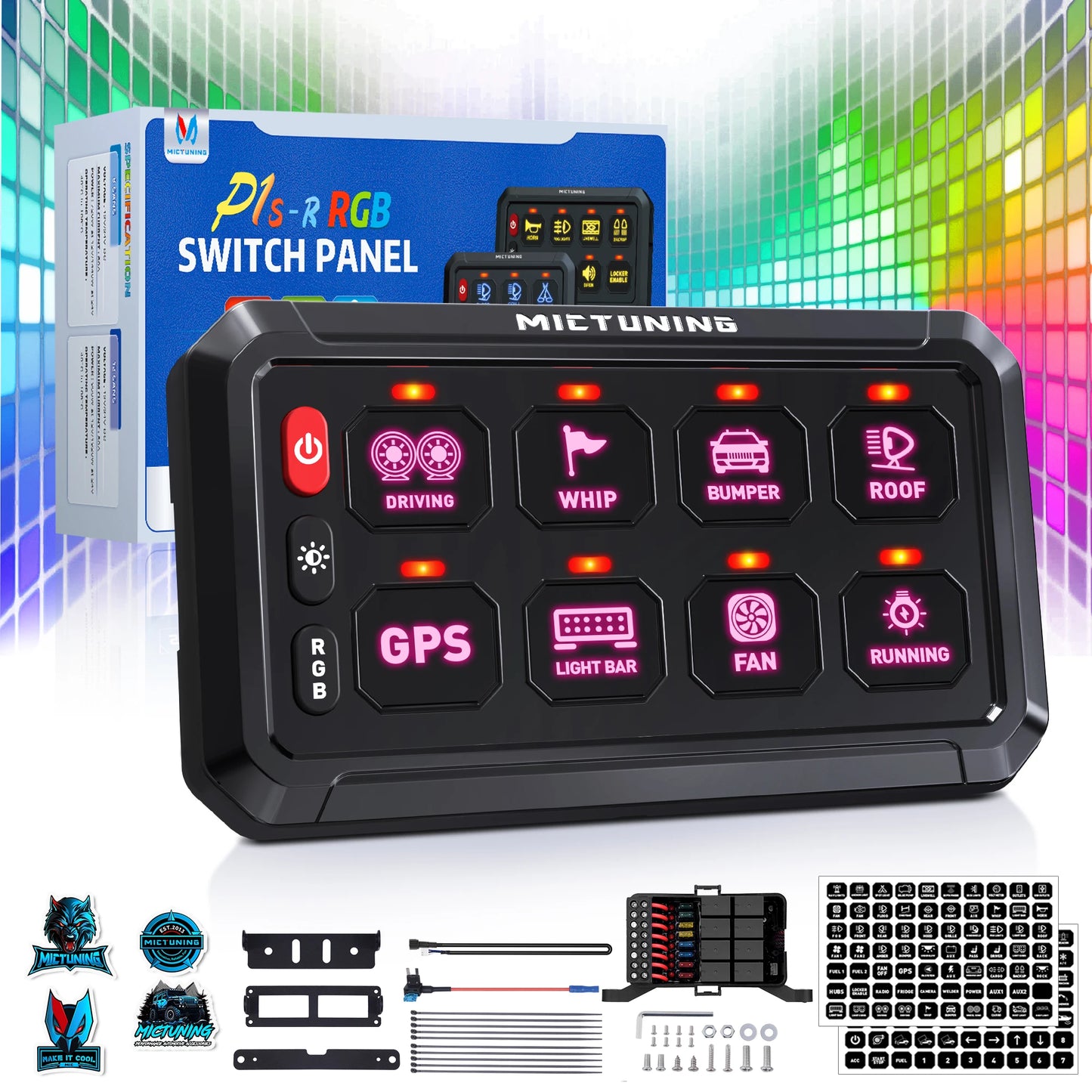 MICTUNING P1S-R 6/8 Gang Switch Panel RGB Colors Adjustable Brightness Switch Momentary Circuit Control Relay System Box For SUV