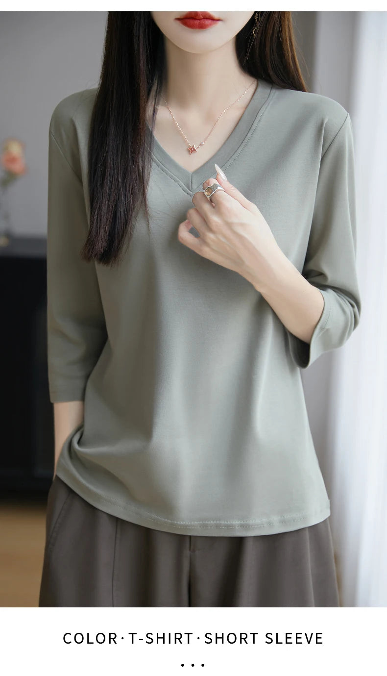 Spring And Summer New Cotton V-neck T-shirt Short-Sleeved Women's Half-Sleeve Bottoming Shirt High-End Cropped Sleeve Top