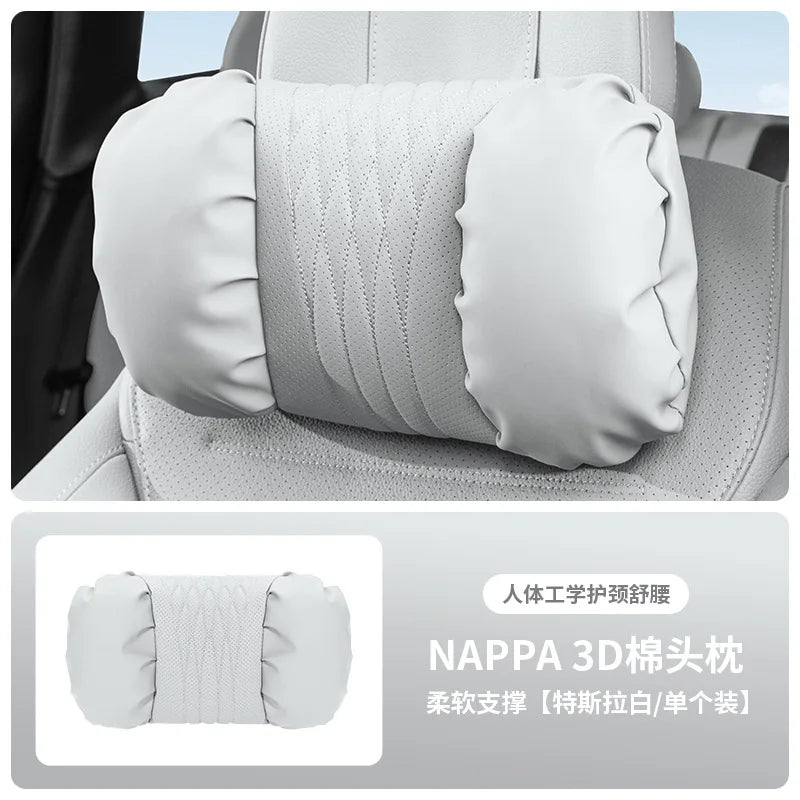 Nappa Leather Car Headrest & Lumbar Support Cushion – Soft Neck Pillow & Waist Pillow Set