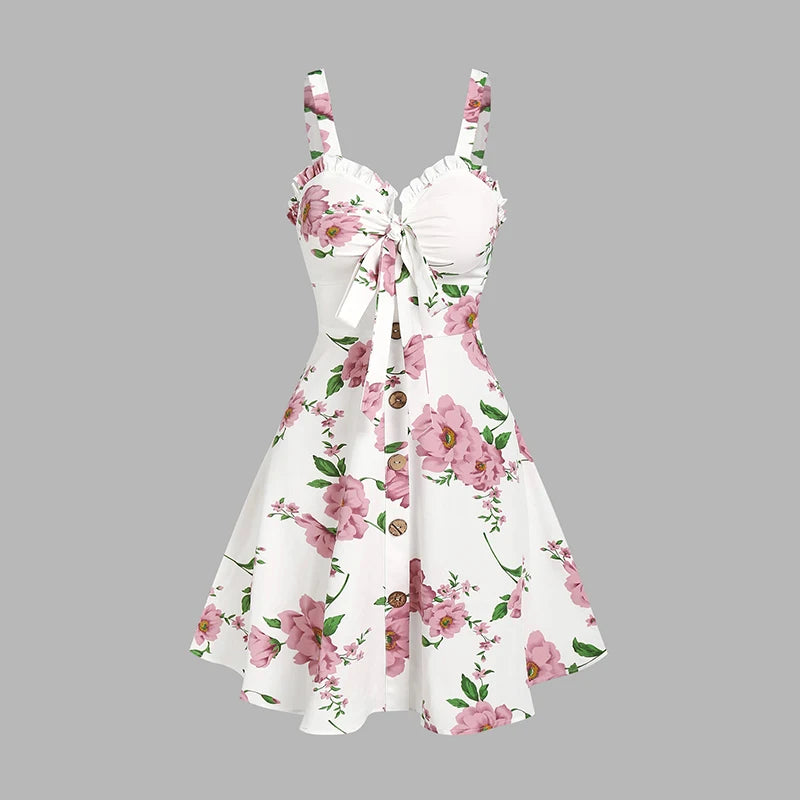 Dressfo 2026 Women's Floral Print Vacation Sundress Garden Party Dress Summer Ruffled Bowknot Mini Dress Vestidos