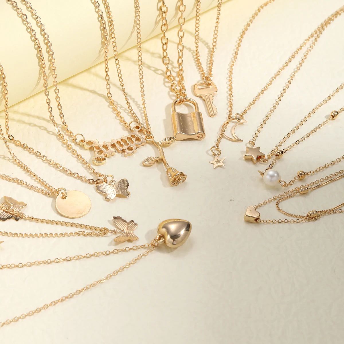 9 Pc Layered Choker Necklace Set for Women - Heart & Star Pendants