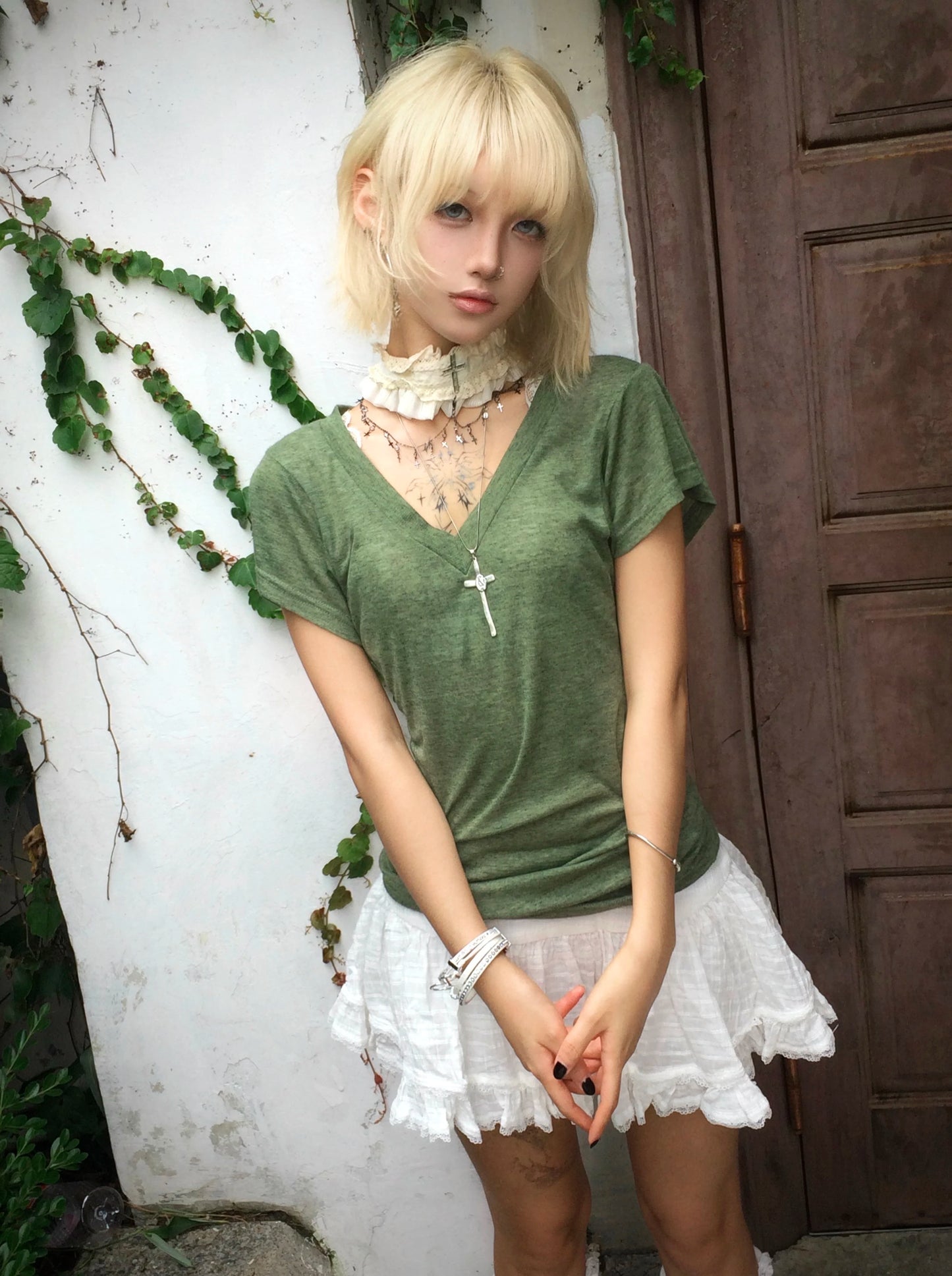 Karrram Japanese Y2k Green Knitted T-shirt Trashy 2000s Style V-neck Top Vintage Harajuku Short Sleeve Tee Shirt American Retro