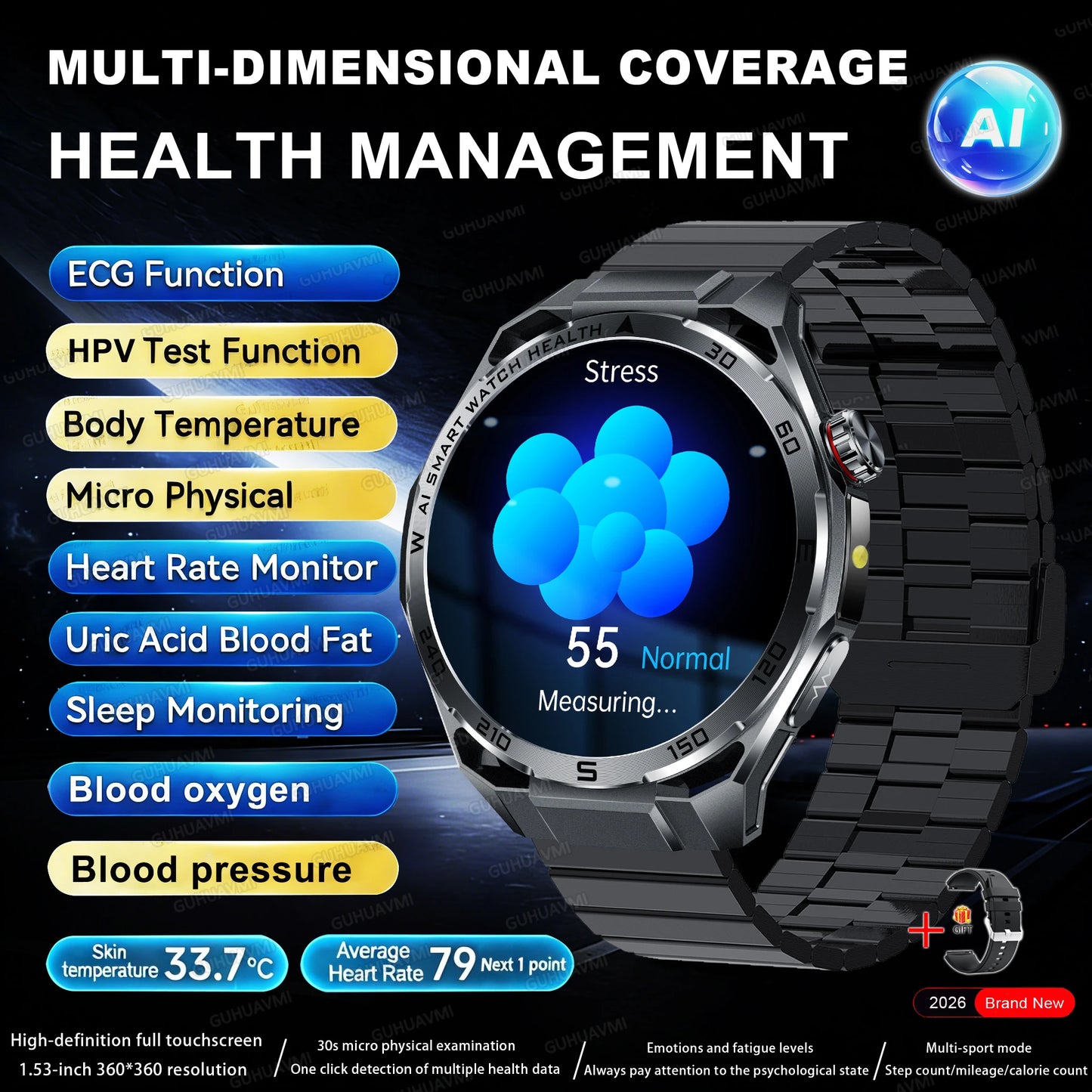 2026 New Body Fat AI Analysis Health Smart Watch ECG+PPG Uric Acid BP Blood Oxygen Call AMOLED Screen Smart Watch For Men Women