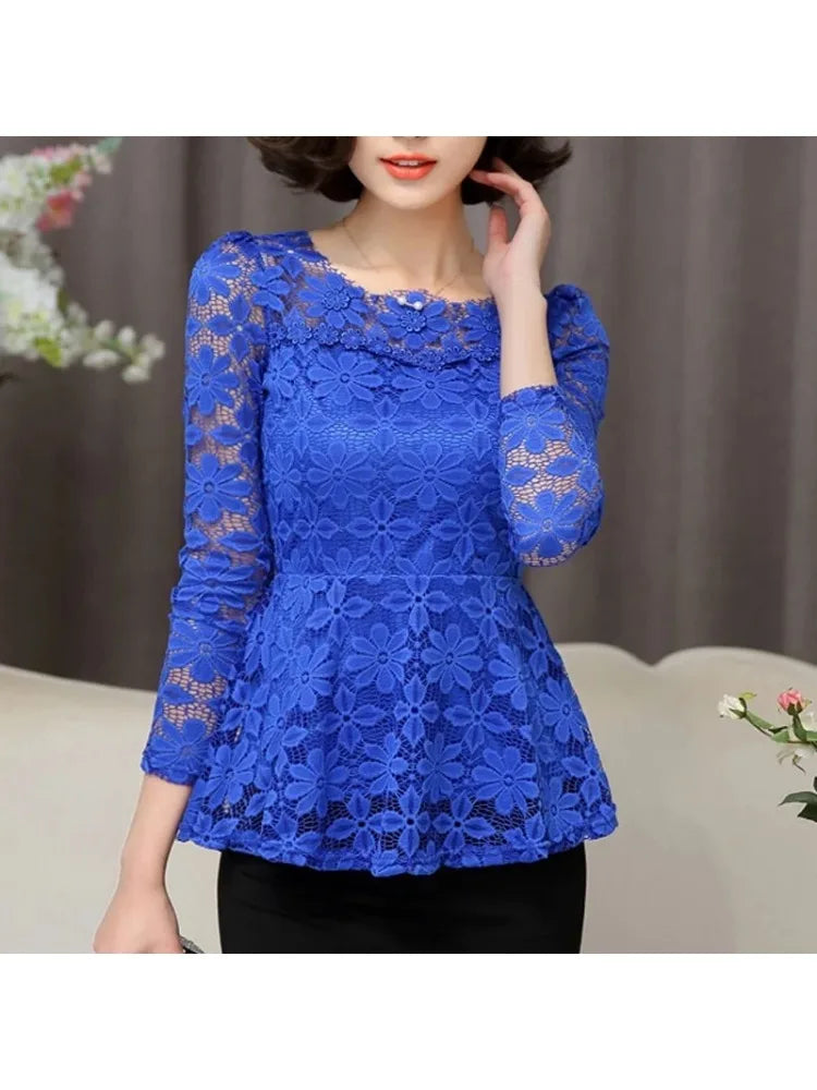 Women's Vintage Lace Long Sleeve Blouse - Pleated Plus Size Top - photo 3