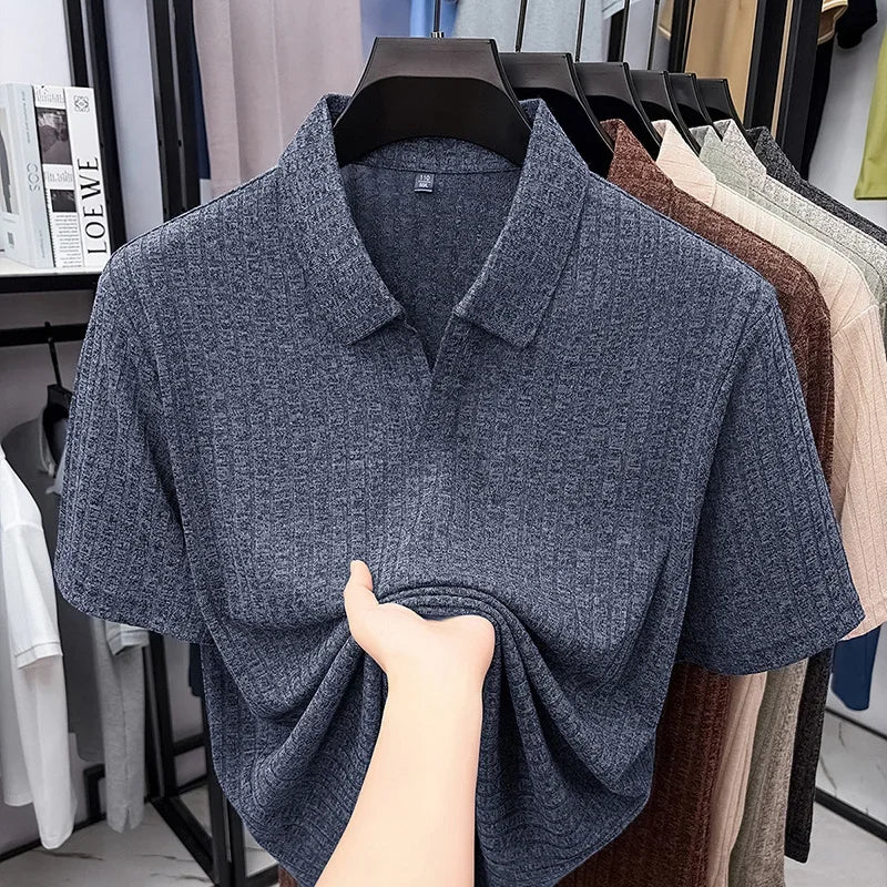 Men's Ribbed Lapel Polo - Soft Stretch, All-Season Casual