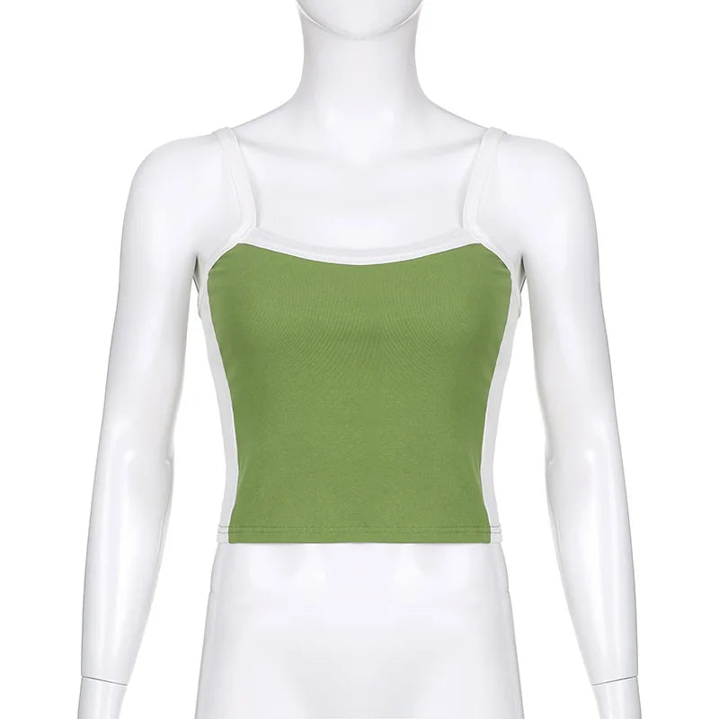 2026 Summer Casual Cami Backless Y2k Vintage Tank Top WomenSleeveless Knitted Crop Tops Green Sexy Basic Patchwork