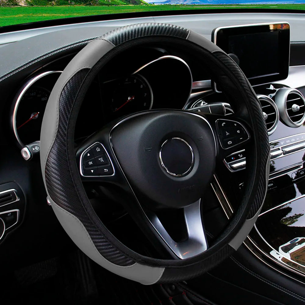 Carbon Fiber PU Leather Steering Wheel Cover – Universal Fit 14.5–15 Inch | Anti-Slip Car Interior Accessory