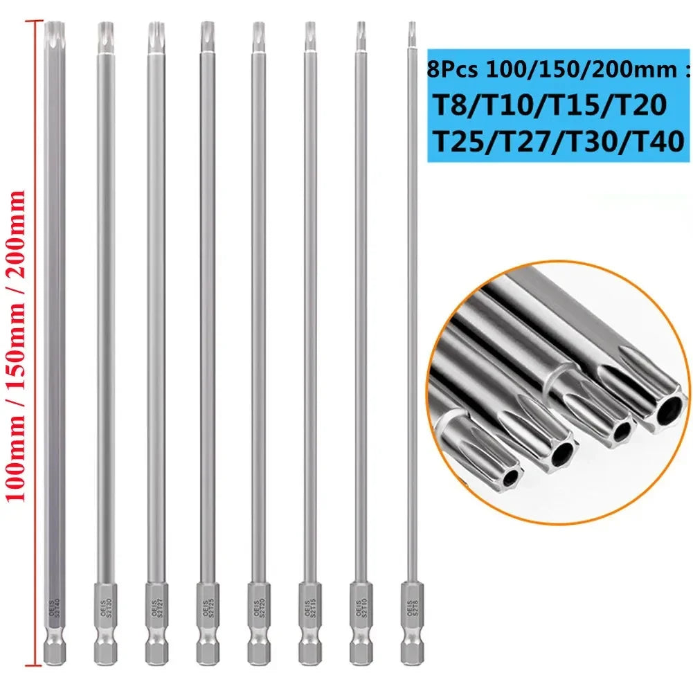 8PCS Torx Screwdriver Bit Set 1/4 Inch Hex Shank Magnetic Star Bits T8-T40 for Drill Wrench 150mm 200mm