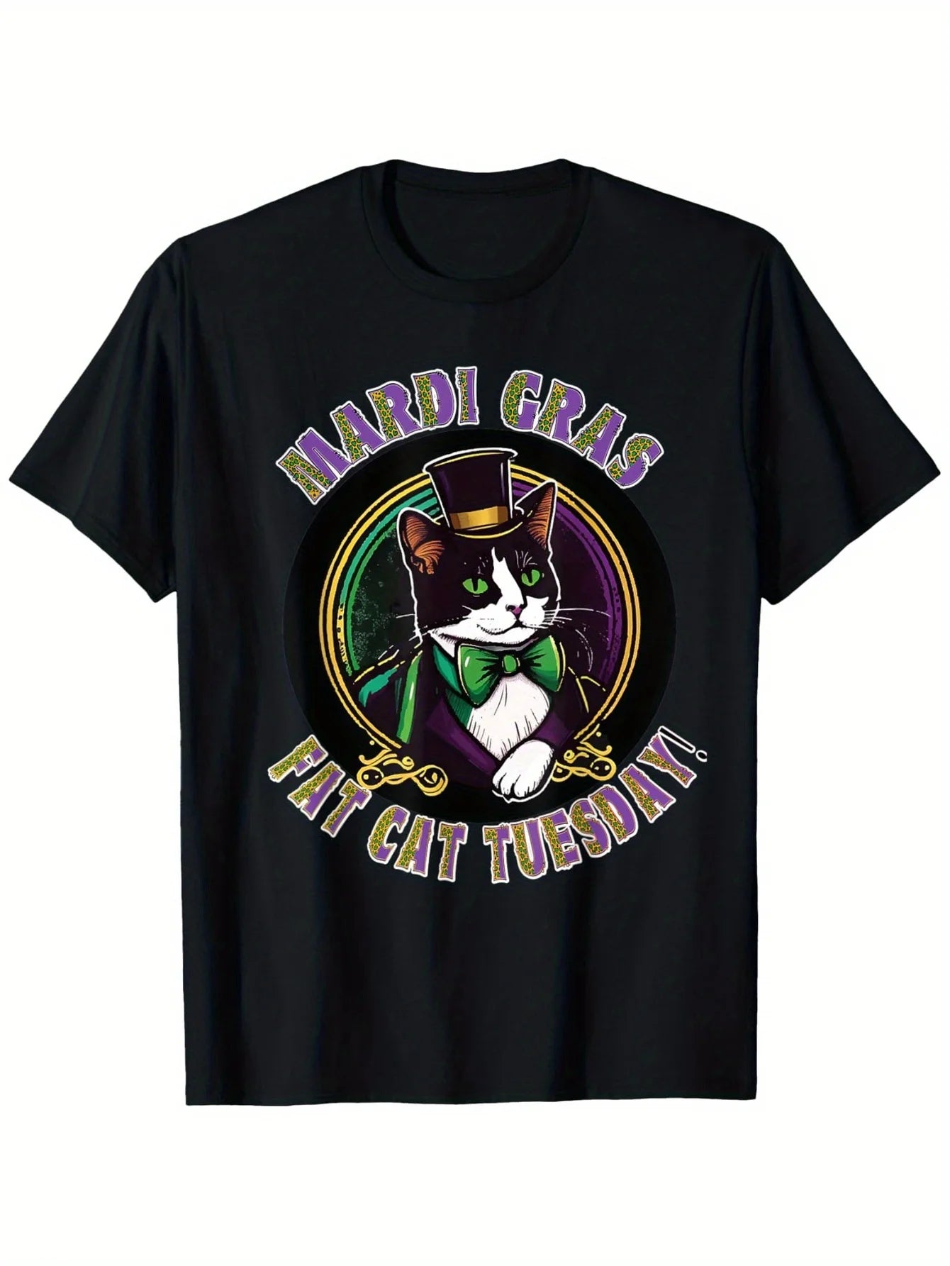Men's 100% Cotton Mardi Gras Tee - Tuxedo Cat "It's Tuesday" Graphic, Black Casual T-Shirt for Parties \u0026 Cat Lovers