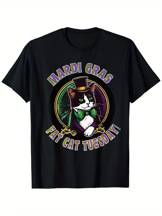 Men's 100% Cotton Mardi Gras Tee - Tuxedo Cat "It's Tuesday" Graphic, Black Casual T-Shirt for Parties \u0026 Cat Lovers