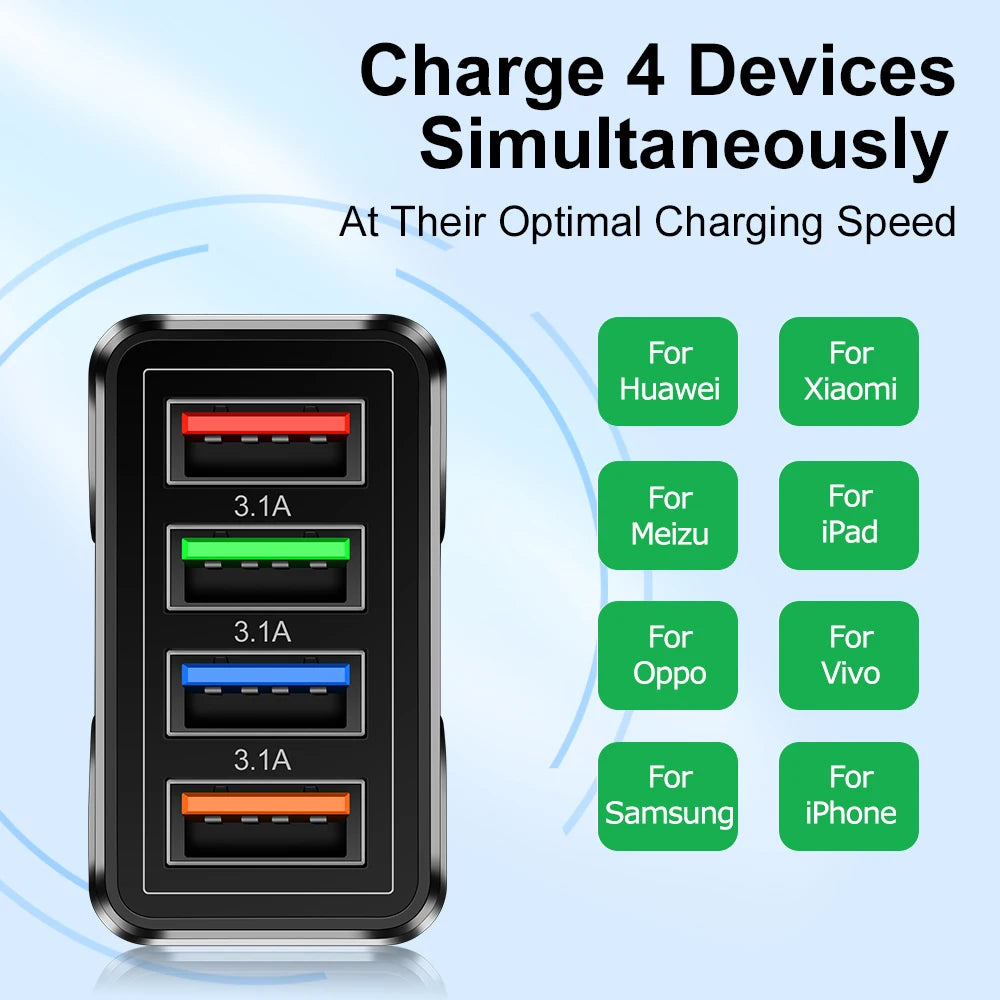 4-Port Quick Charge 3.0 Wall Charger for Mobile Devices