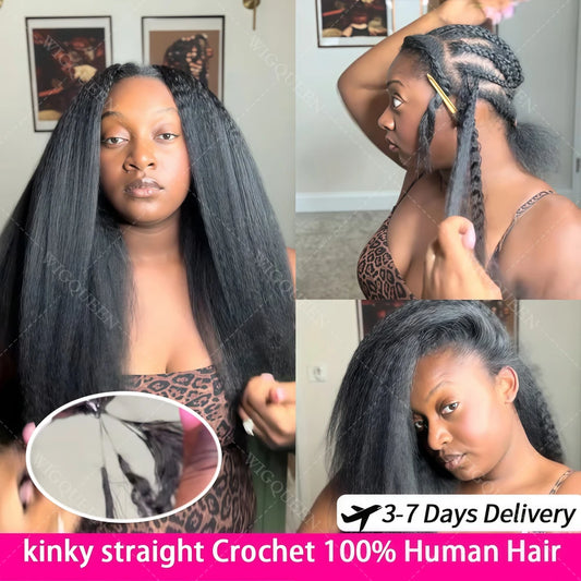 12A Invisible String Kinky Straight Crochet Human Hair Feather Hair Extensions PreLooped Yaki Straight Crochet Hair For Braiding