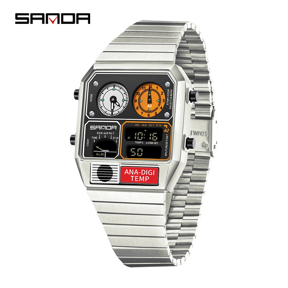 SANDA 3192 Men's Sport Watch – Analog-Digital LED, Waterproof, Stainless Steel