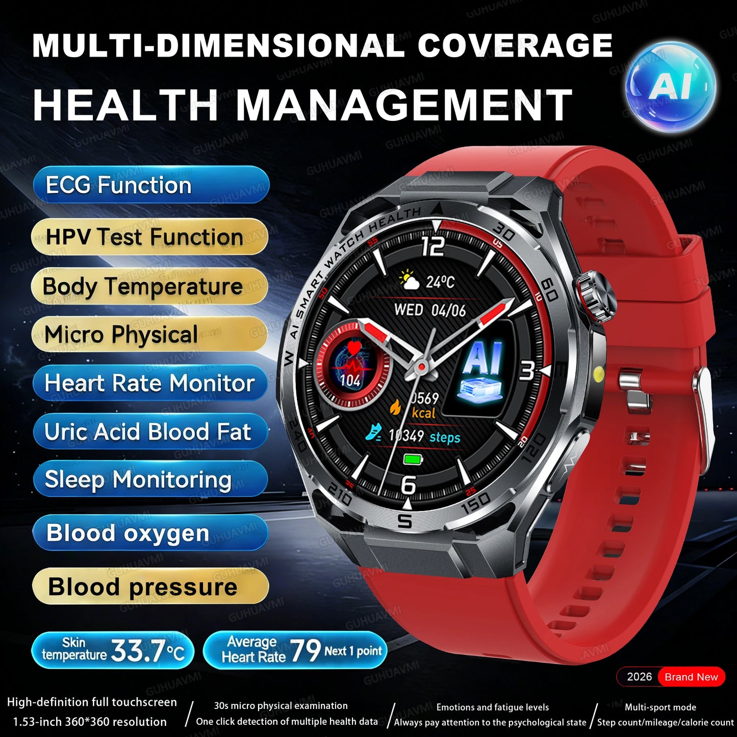 2026 New Body Fat AI Analysis Health Smart Watch ECG+PPG Uric Acid BP Blood Oxygen Call AMOLED Screen Smart Watch For Men Women
