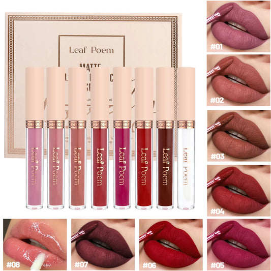 8 Piece Matte Liquid Lipstick & Lip Glaze Set - Brown, Pink, Purple & Red
