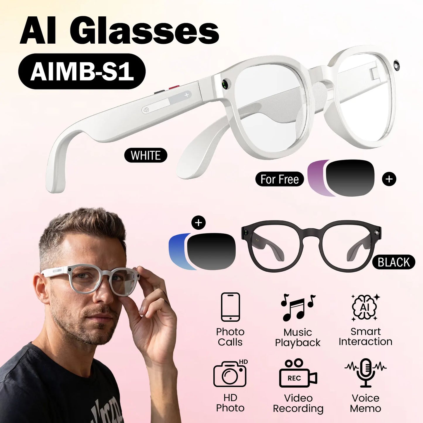 High appearance intelligent AI glasses, dual cameras, 2 million pixels, with three lenses, wireless smart glasses, hunting glasses, video glasses, AI shooting glasses, cycling glasses, sports camera, long battery life, high s
