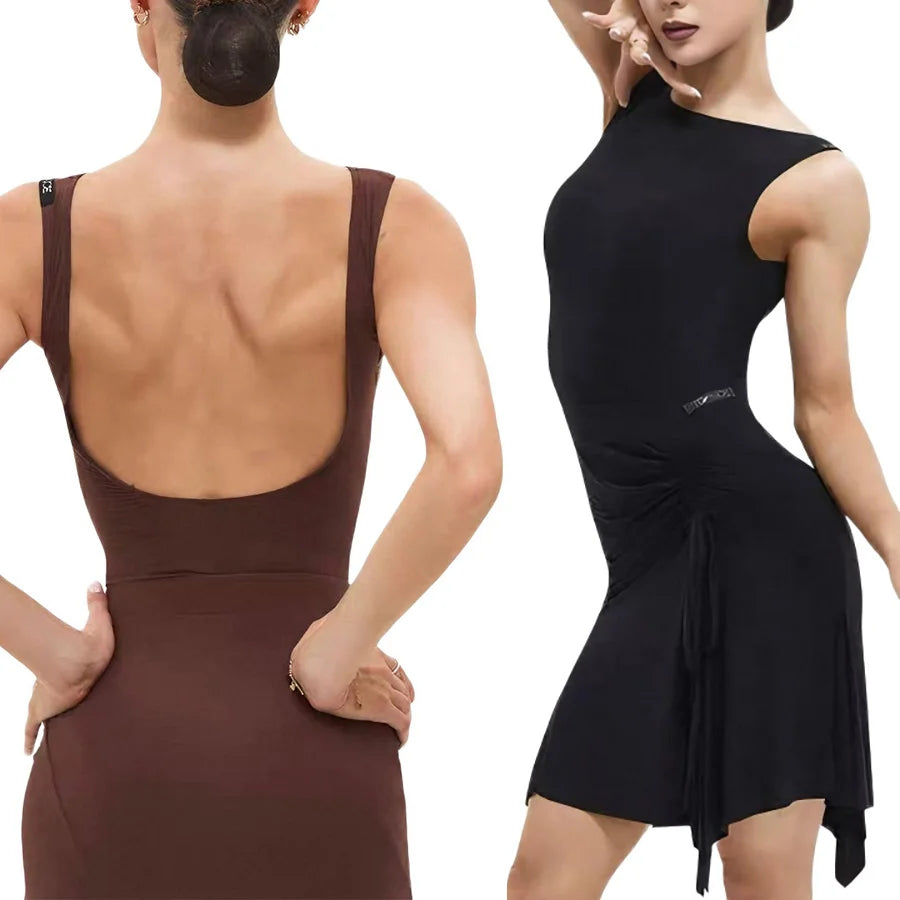 Sleeveless ruched Latin practice dress with asymmetric hem