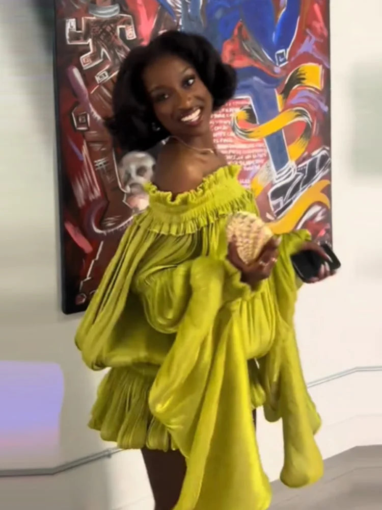 Lime Green Off-shoulder Pleated Short Dress Chic Smocked Waist Bubble Vistidos Women's Tiered Full Sleeve Beach Club Party Gown
