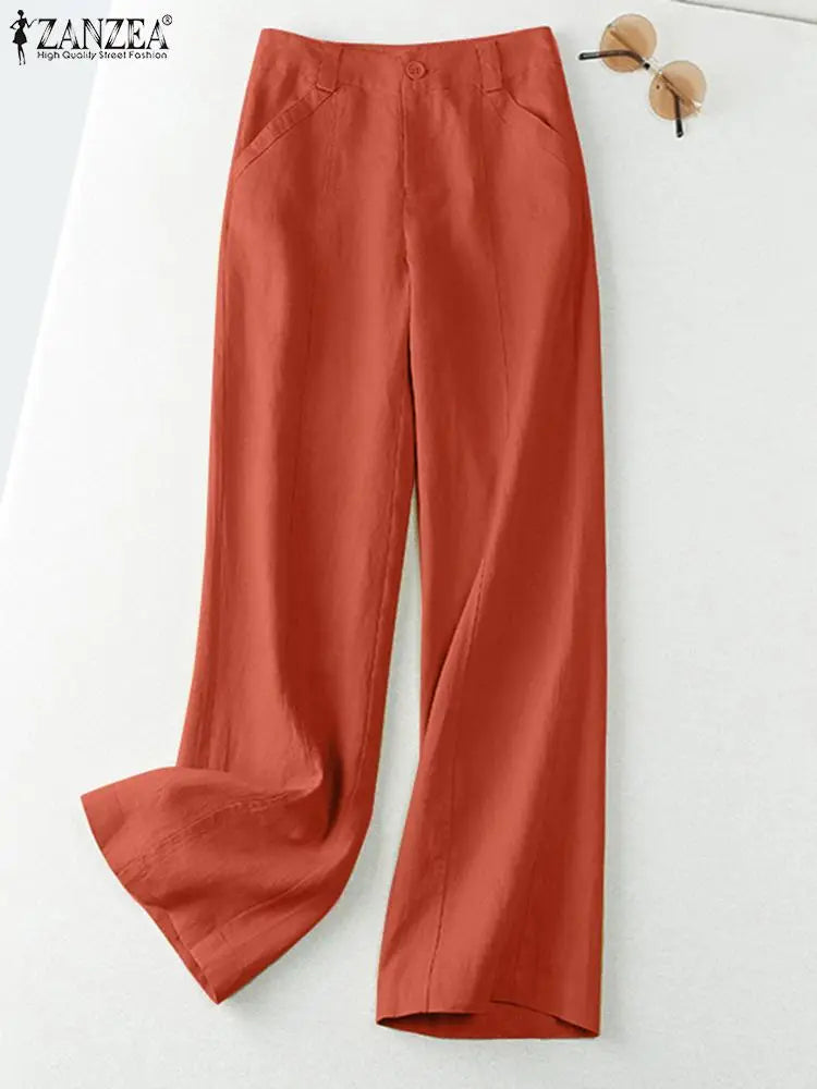 ZANZEA 2026 Spring Summer Cotton Linen Pants Women Long Trousers Wide Leg Plain Holiday Casual Pants Streetwear Fashion Bottoms