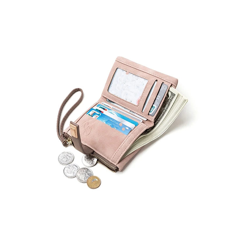 Spring/Summer 2026 new women's short wallet, high-quality PU hardware leaf buckle, solid color zipper, student coin coin purse,
