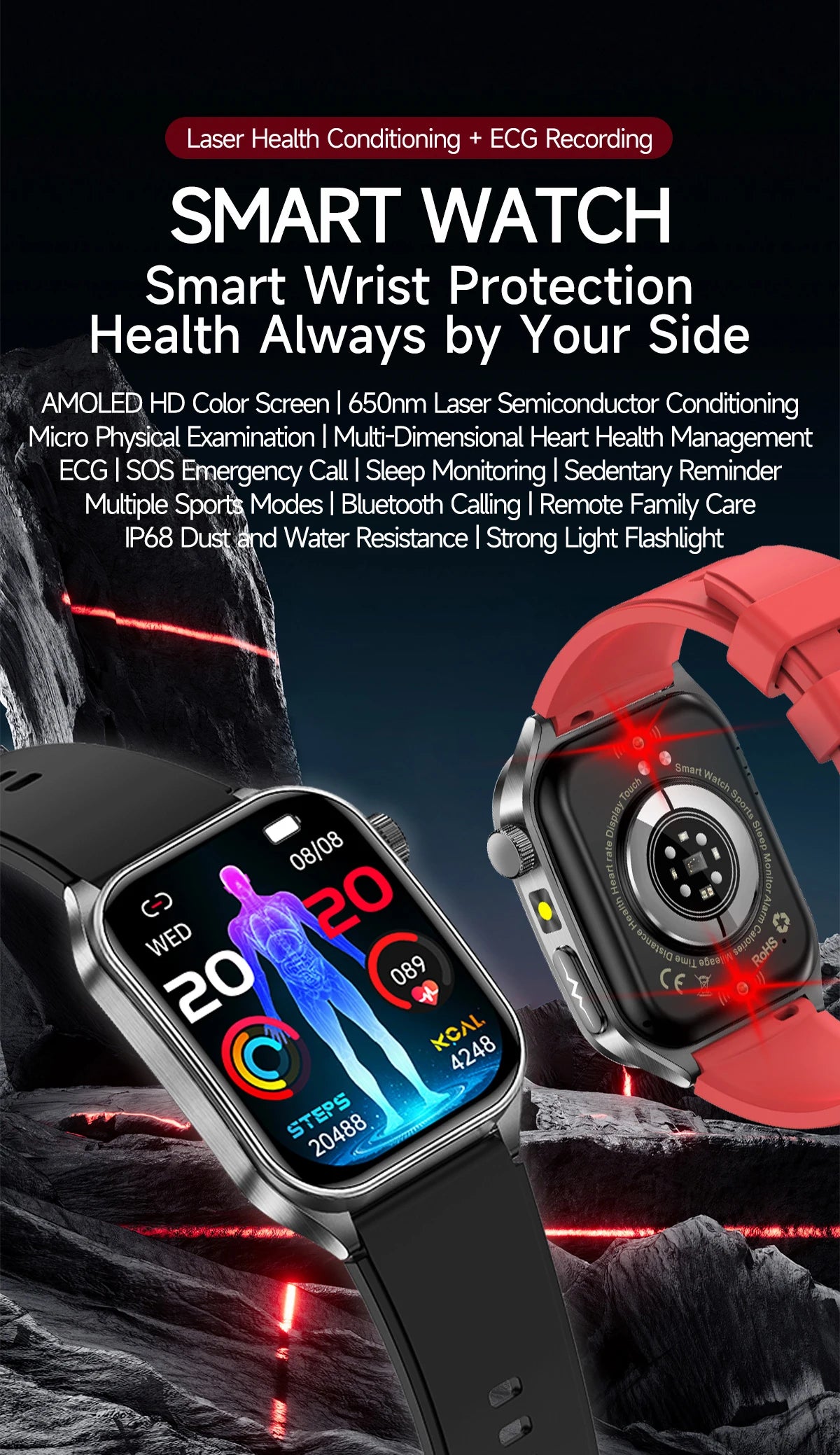 2026 AI-GPT ECG Health Smartwatch – Blood Pressure, Lipid, Uric Acid & 650nm Dual-Probe Laser | Men & Women