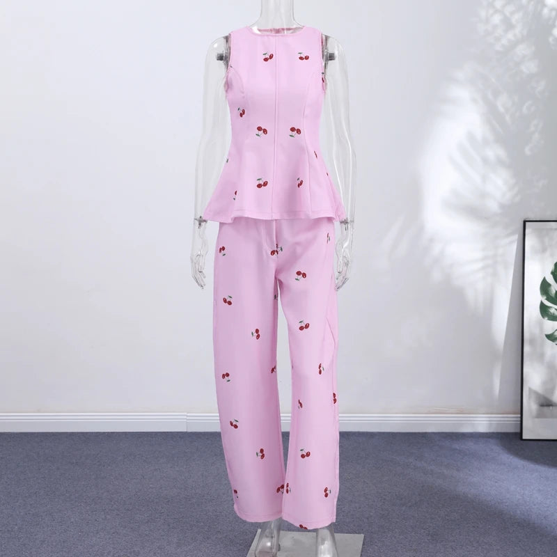 Printed Ruffle-Hem Top & Curved Pants Set — Women's 2-Piece