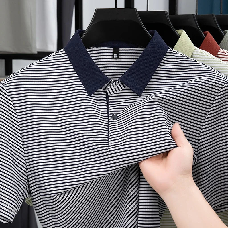 Men's Fine-Stripe Lapel Polo - Breathable Mesh, Soft Stretch
