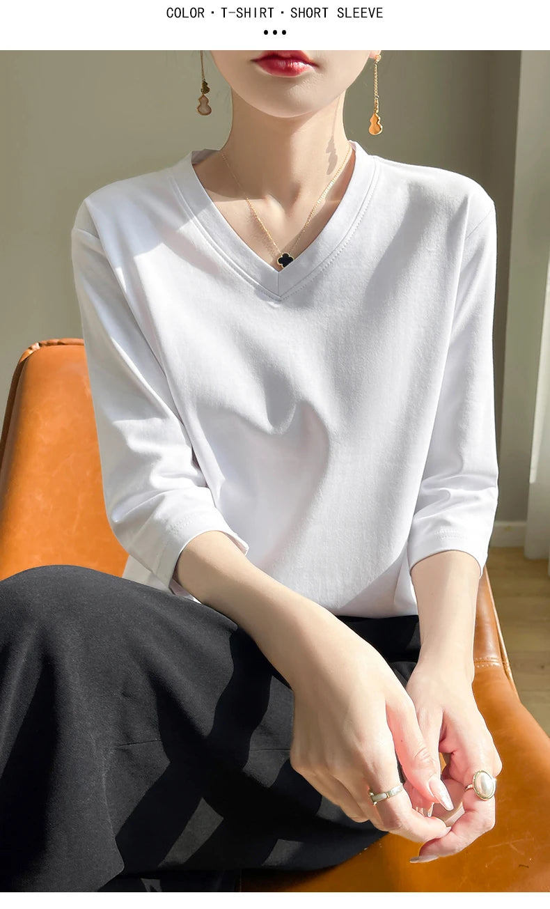Spring And Summer New Cotton V-neck T-shirt Short-Sleeved Women's Half-Sleeve Bottoming Shirt High-End Cropped Sleeve Top