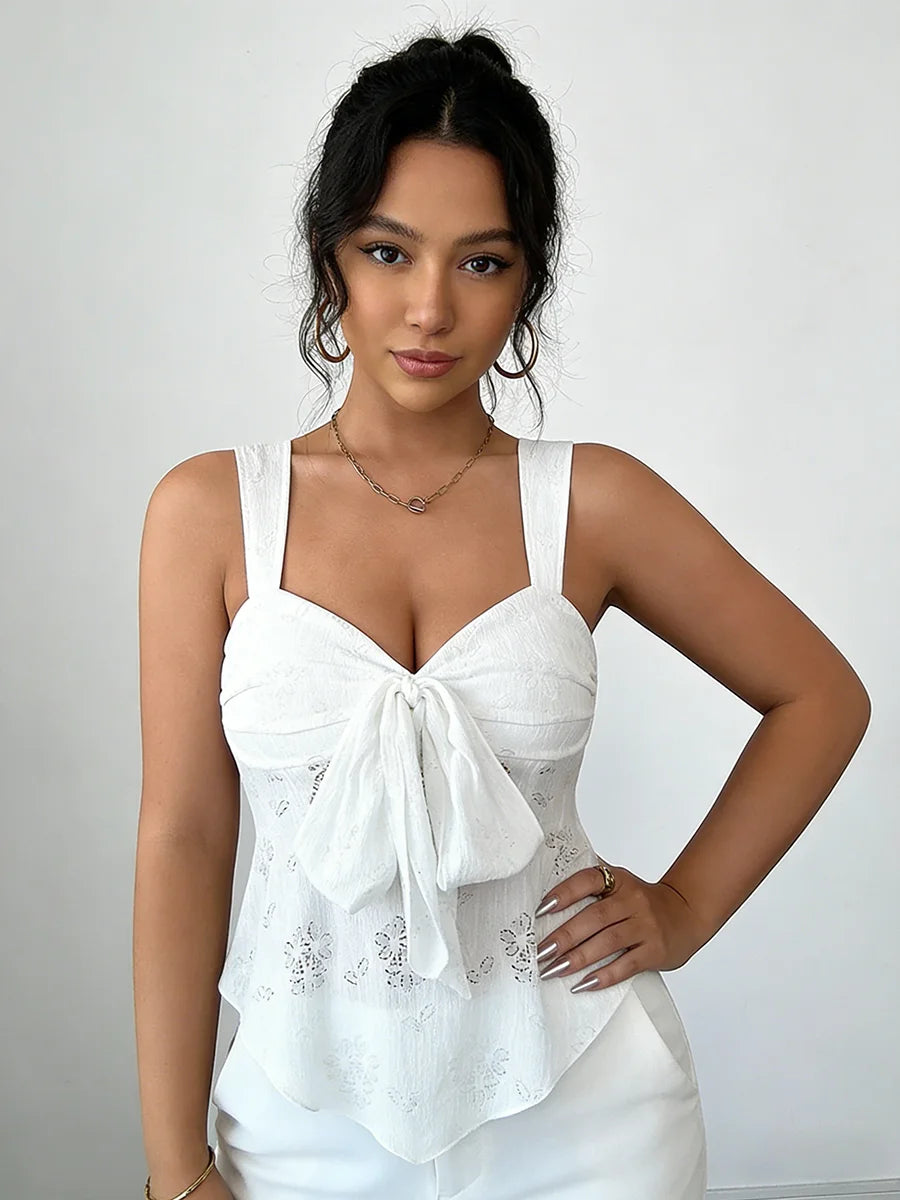 Women's Wide Strap V-Neck Bow Eyelet Lace Fitted Camisole – Sweet Chic Spring Summer Top