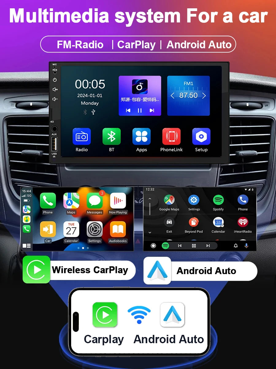 XIMA Universal 1 Din 7“ Car Radio  Carplay Android Auto Multimedia Player HD Touch Screen Input Bluetooth MirrorLink  Autoradio