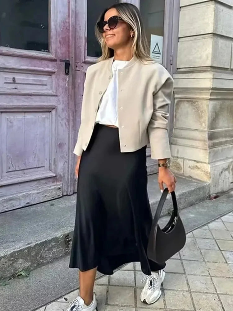 High-Waist Satin Midi Skirt – Elegant Office A-Line Skirt