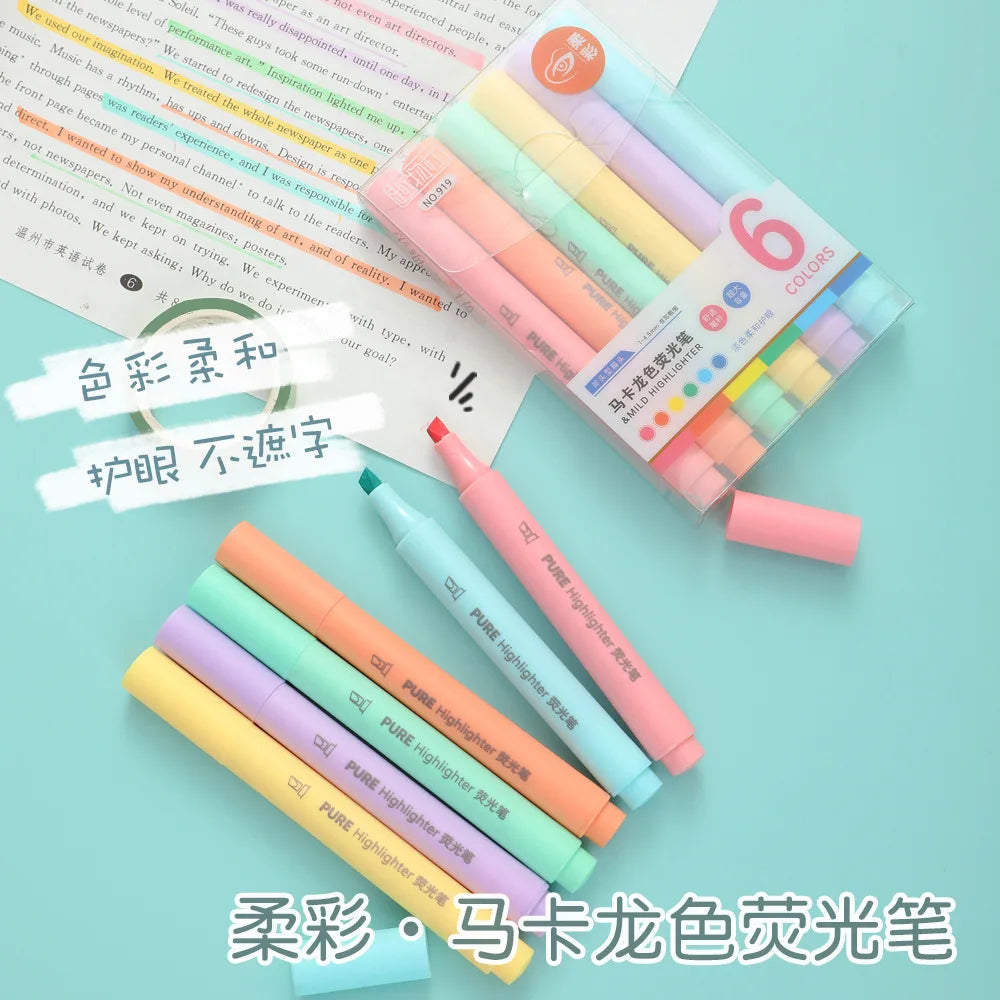 6Pcs/set Pastel Color Macaron Highlighter Pen Marker Pens Fluorescent Pen Drawing Highlighters Cute Stationery School Supplies