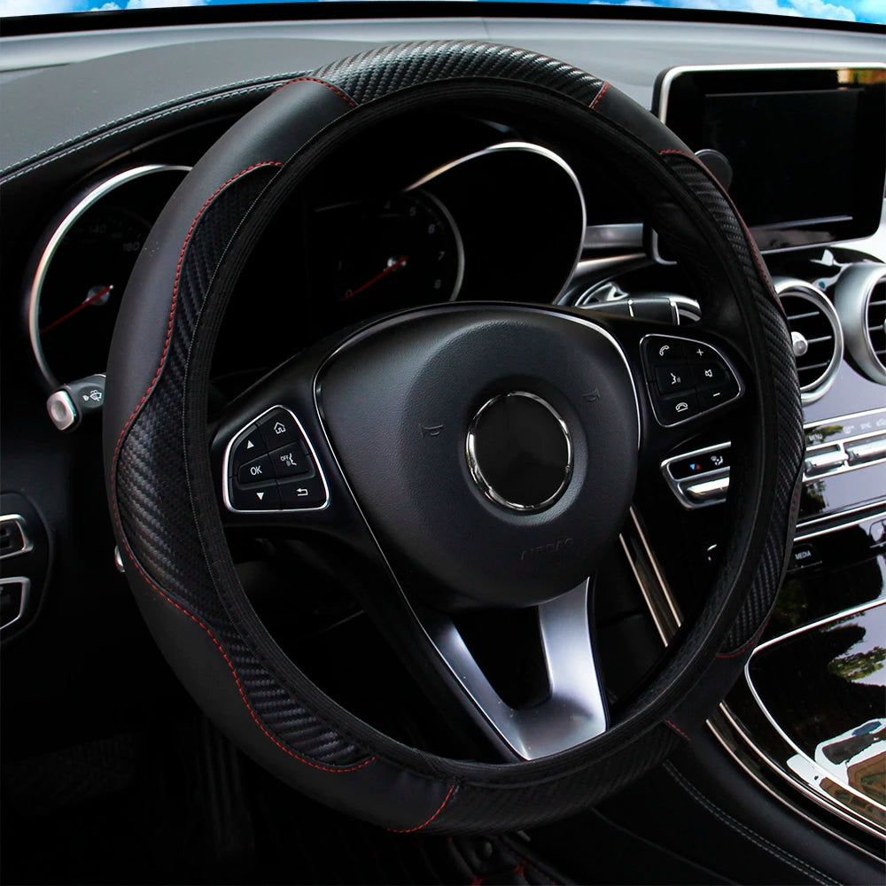 Carbon Fiber PU Leather Steering Wheel Cover – Universal Fit 14.5–15 Inch | Anti-Slip Car Interior Accessory