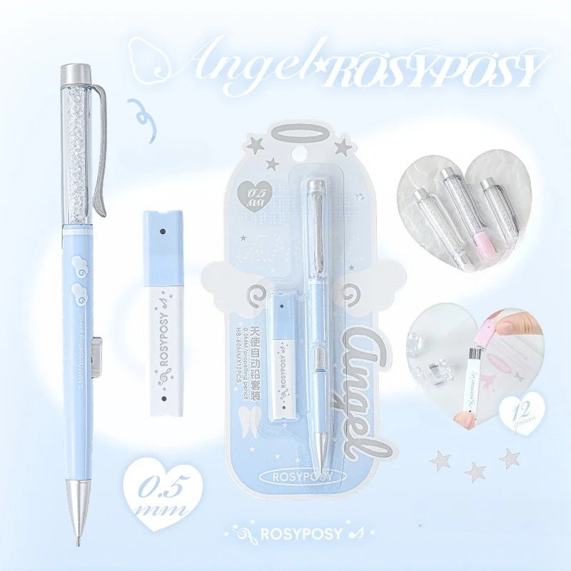 Angel Automatic Pencil Set 0.5HB Glitter Crystal Mechanical Pencil Push Button Cute Student Writing Tools Kawaii School Supplies