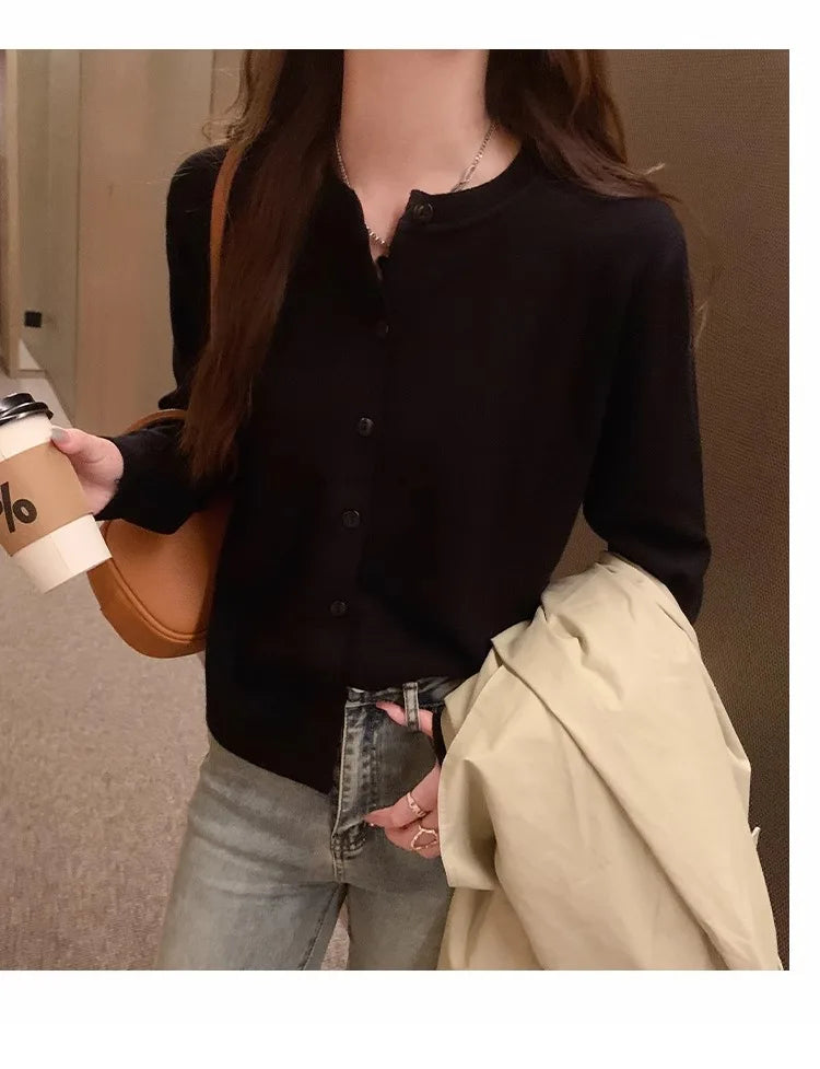 Women's slim button cardigan, crew neck knit — view 19 of 20