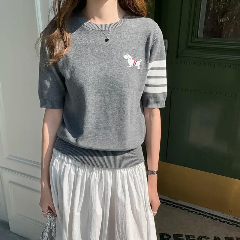 Women's Embroidered Striped Cotton T-Shirt — Loose Round-Neck Summer Top