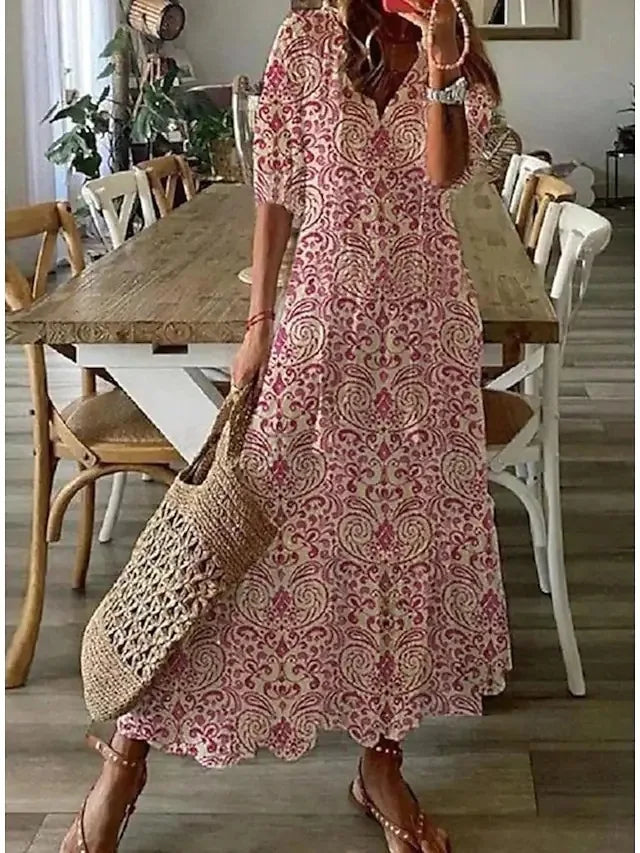 Women's Boho Maxi Dress – Casual V-Neck Drawstring Long-Sleeve Printed Bohemian Dress