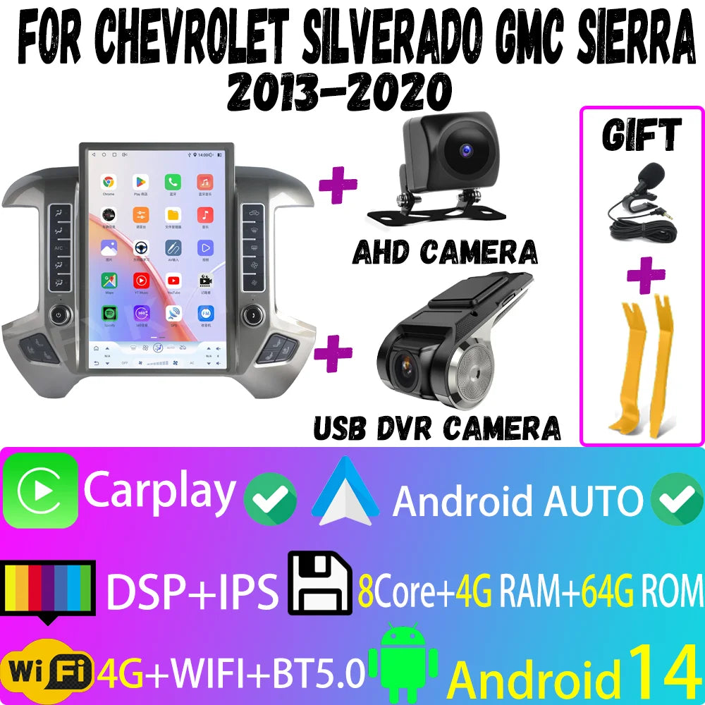 Car Radio For Chevrolet Silverado GMC Sierra 2013-2020 CarPlay Android Auto Automotive Multimedia Tesla Style Bluetooth 4G GPS