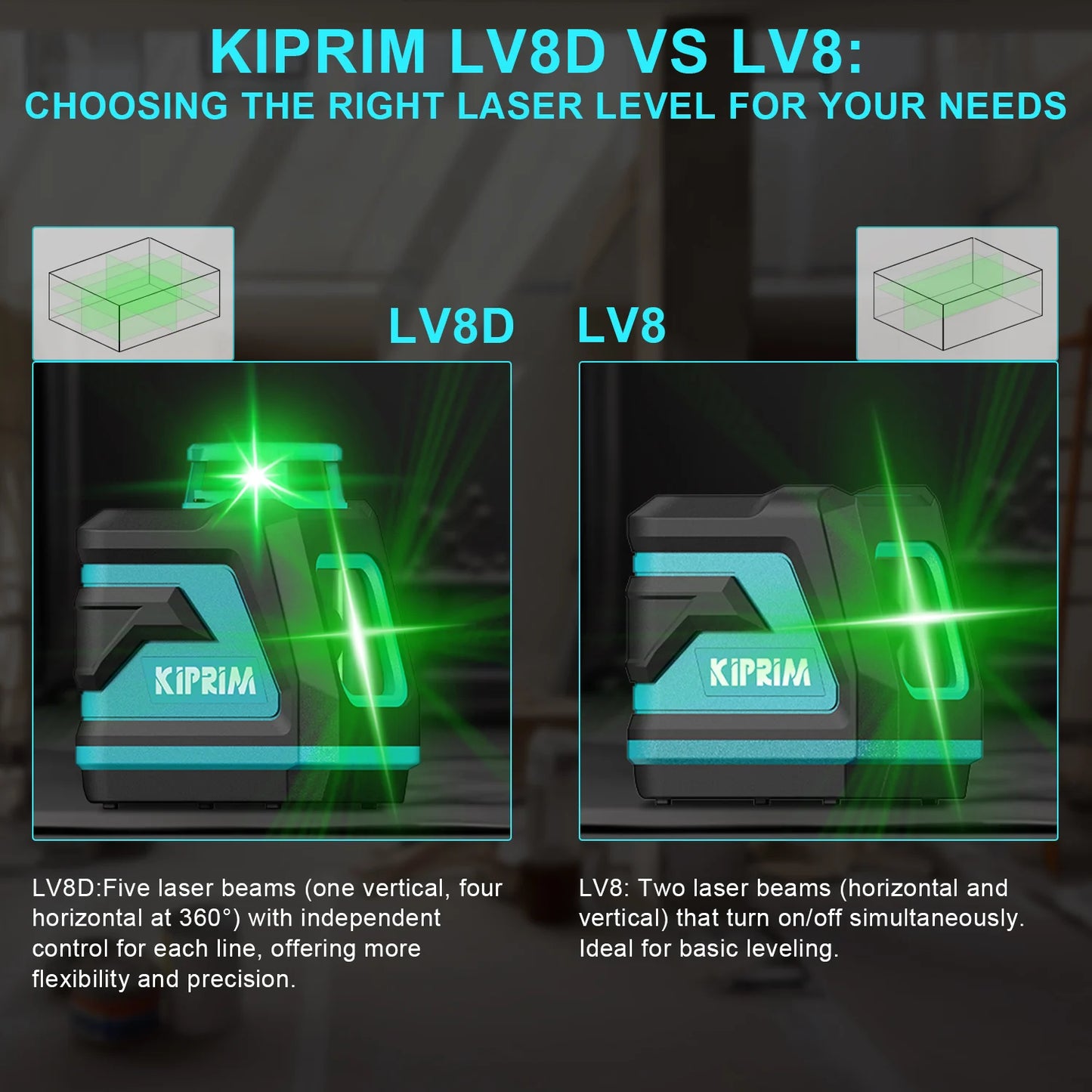 Kiprim Laser Level 2/5 Lines 360° – Automatic Self-Leveling Green Light Cross Laser for Construction