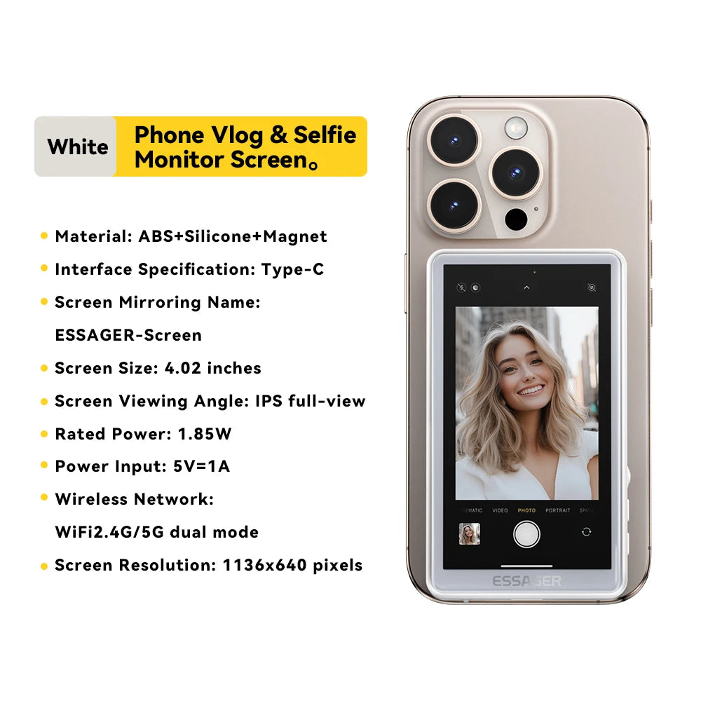 ESSAGER Magnetic Phone Selfie Monitor Screen for Smartphone Rear Camera Selfie Vlog Live Stream for iPhone Android phone