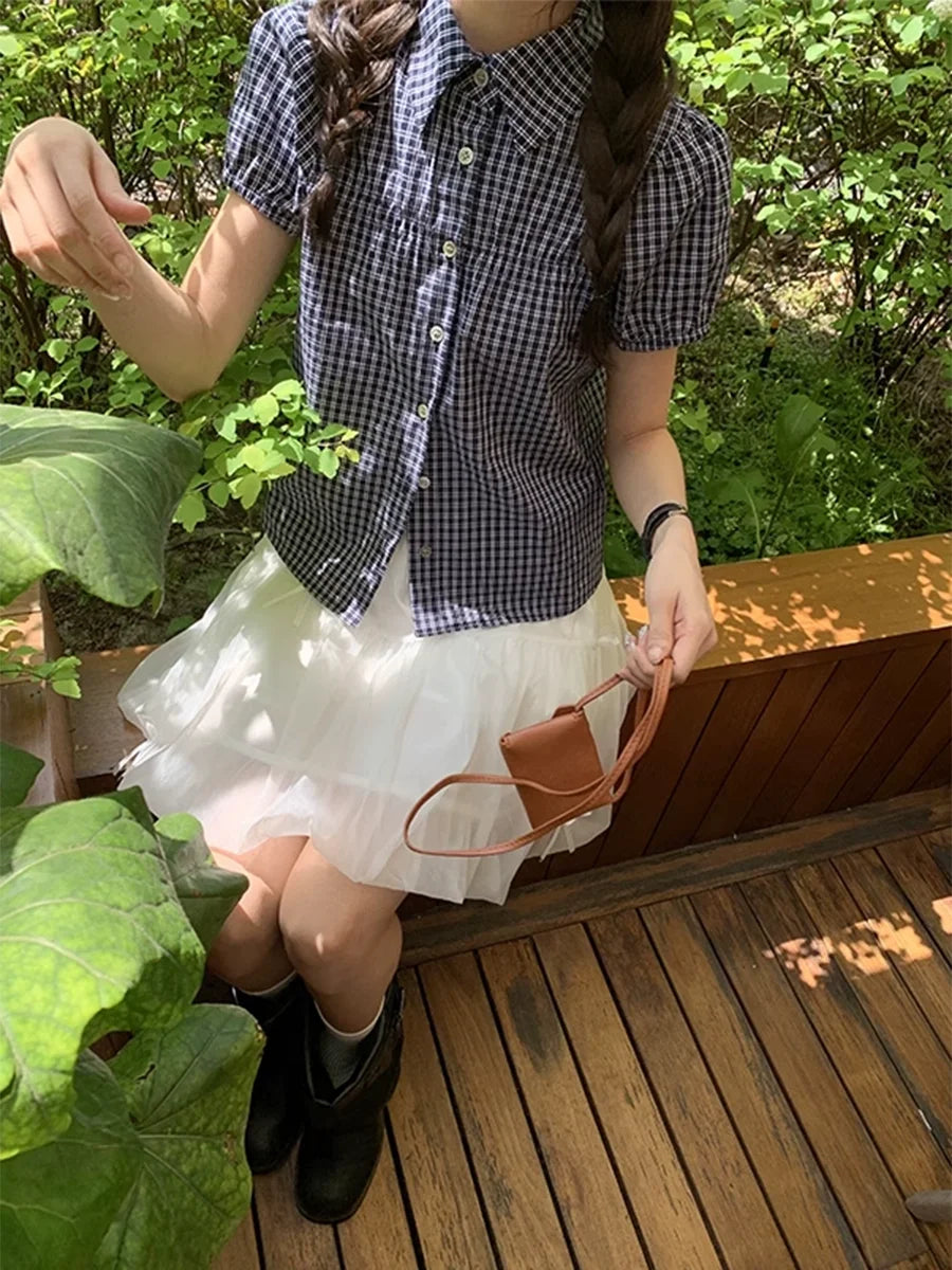 Japanese Plaid Puff Sleeve T Shirt and Cardigan Set Women Summer 2025 Casual Loose Fit Retro Blouse Vintage Sweet Girl Outfit