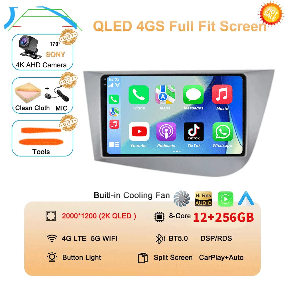 Car Radio Android 16 Navigation GPS Carplay For Seat Leon 2 MK2 2005-2012 Multimedia Video Player Stereo DSP 360 Camera Wifi 4G