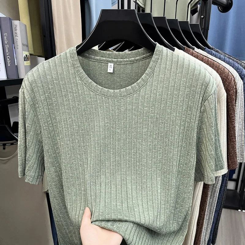 Men's Ribbed Knit Tee - O-Neck Stripe, Lightweight Breathable