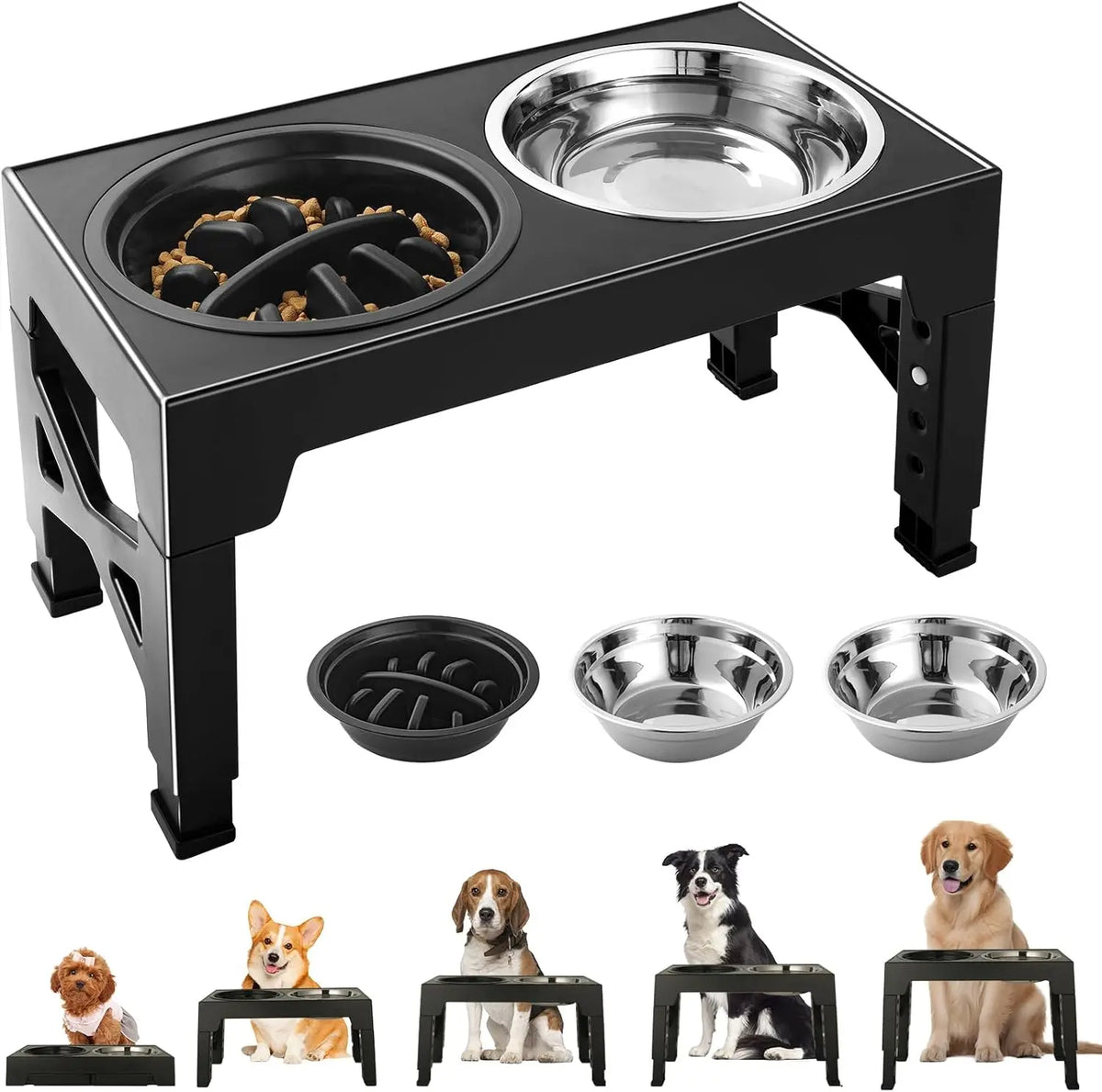 Raised Dog Bowl Stand - 5 Height Foldable Feeder, Double Bowls - photo 7