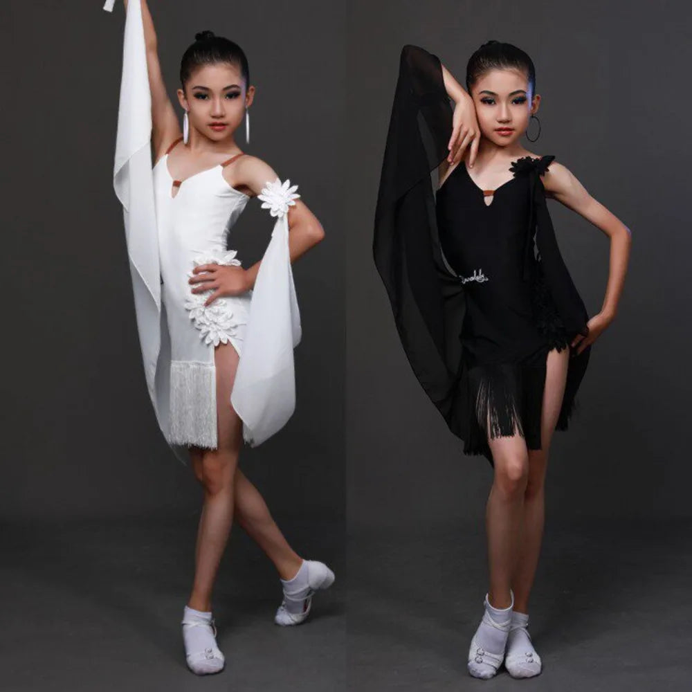Girls Latin competition dress with fringe skirt