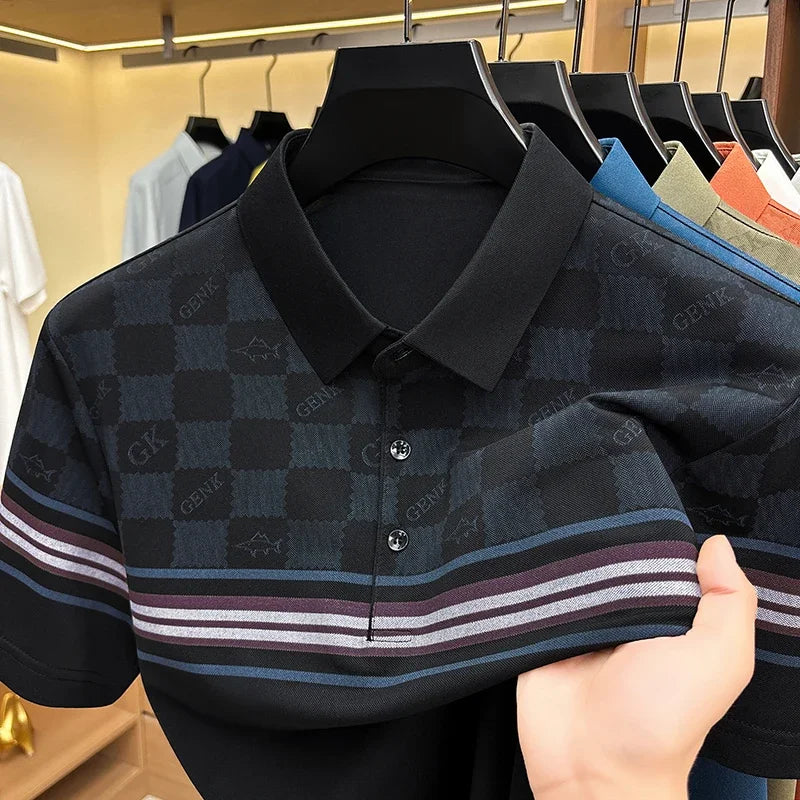Men's Grid Jacquard Polo - Stripe Sleeve, Wrinkle-Free Office Wear