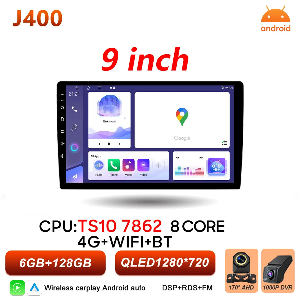 Universal 2-DIN Android Car Stereo (9"/10") — CarPlay, Android Auto, GPS, QLED Screen, WiFi, Bluetooth