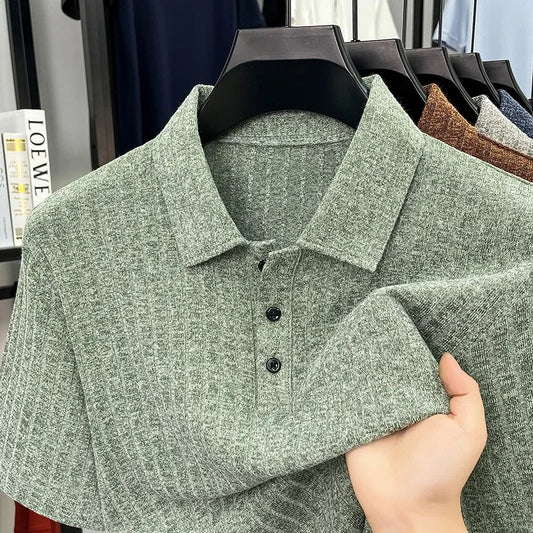 Men's Ribbed Knit Polo Tee - Soft Stretch, Three-Button Lapel